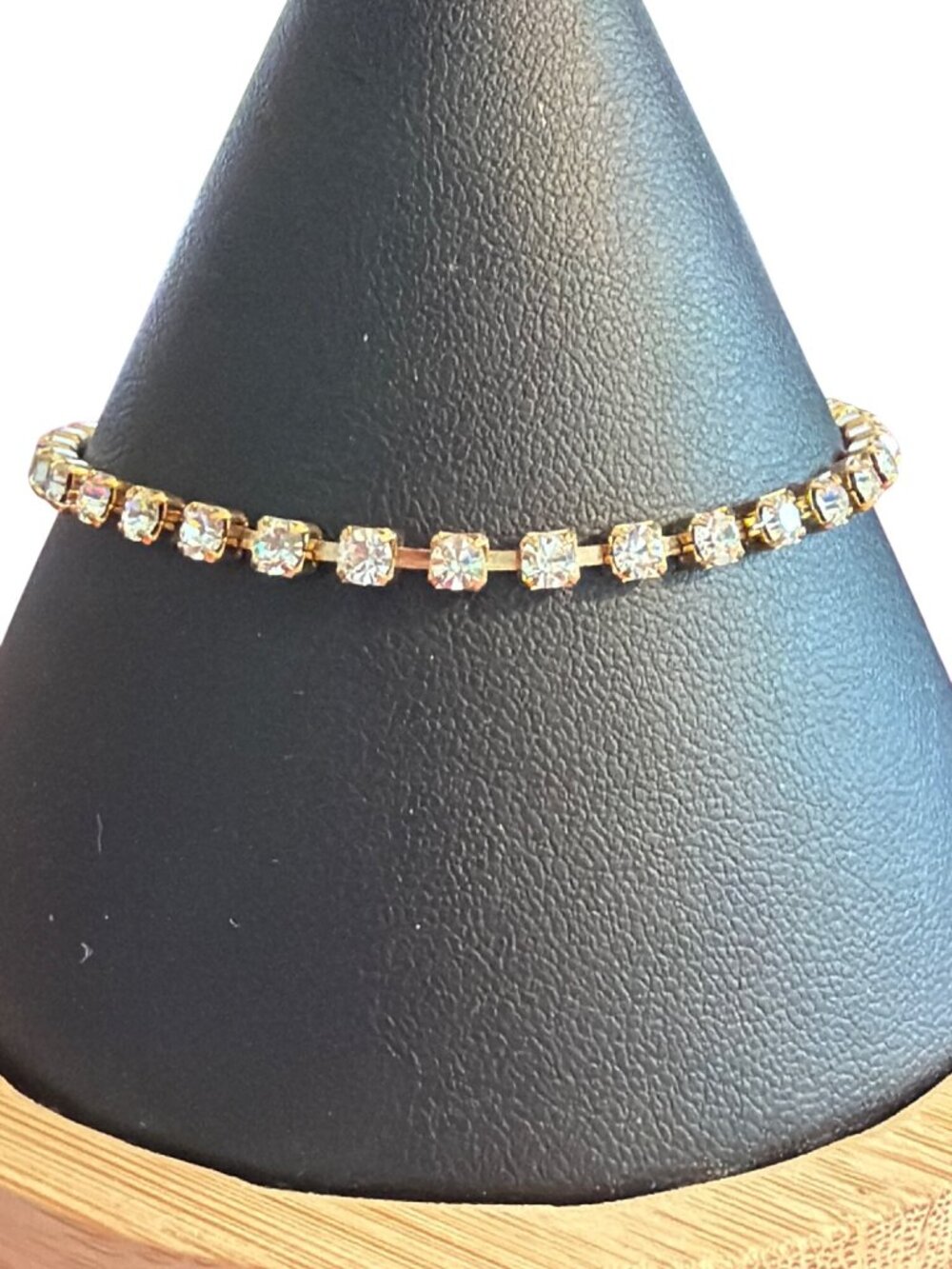 Vintage Gold Tone Tennis Bracelet Round Clear Rhinestones Fold Over Clasp Estate